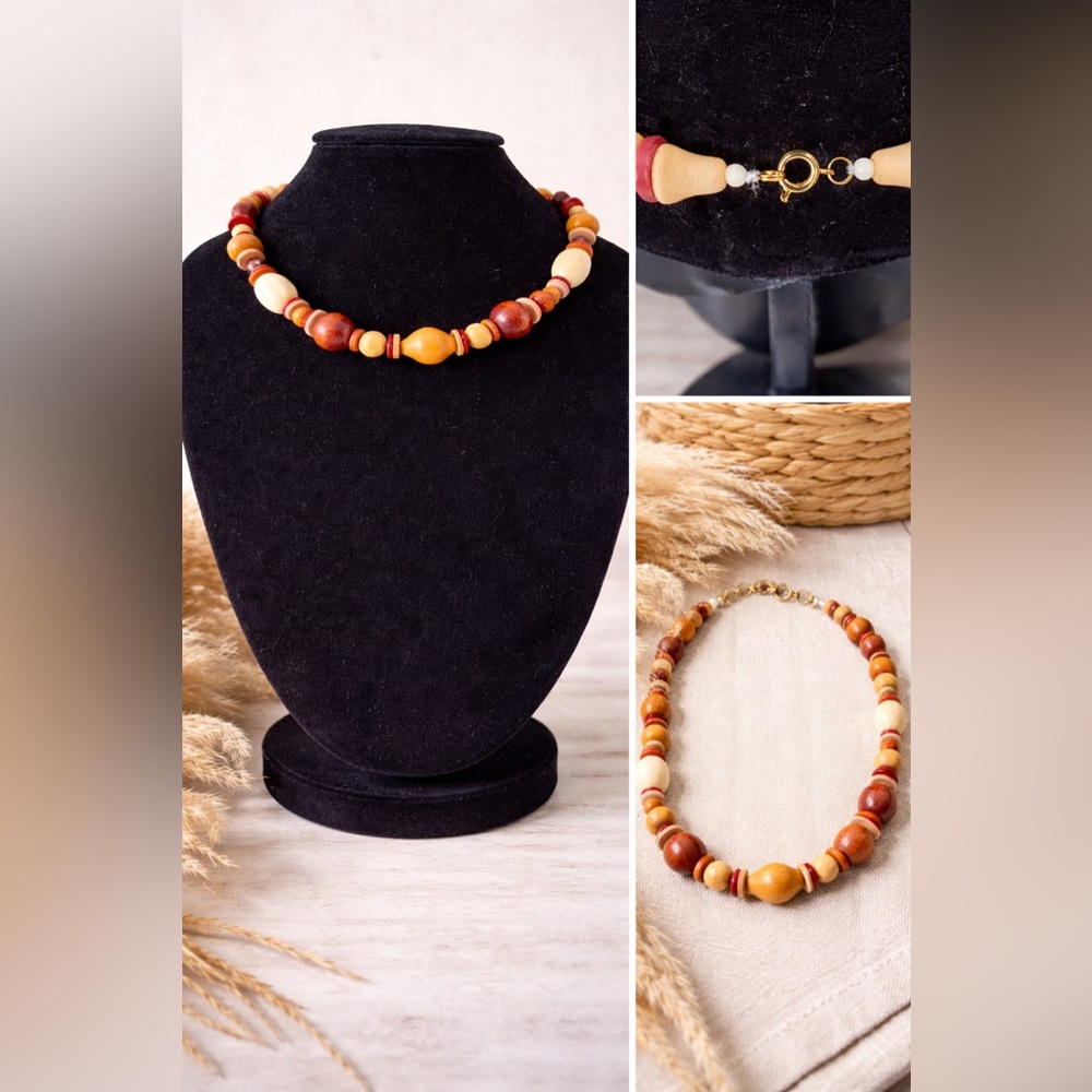 Handcrafted Wood Beaded Necklace Earth Tones 19” Length Spring Ring (Claw)